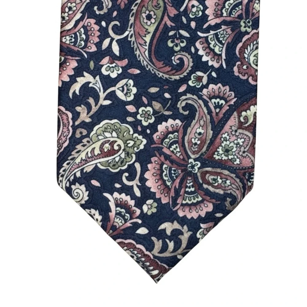 Italian All Silk Hand Made Paisley Tie Navy Blue Pink Sage Green Floral Mens